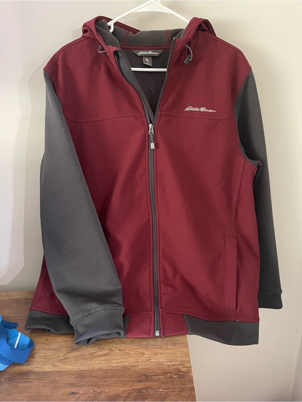 Eddie Bauer Maroon and Gray Hooded Softshell Jacket